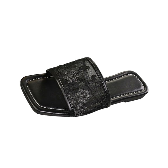 Xfvqtps Slides for Women Flat Sole Open Square Toe Mesh Hollow out Flower Embroidery Non Slip Summer Leather Sandals Black