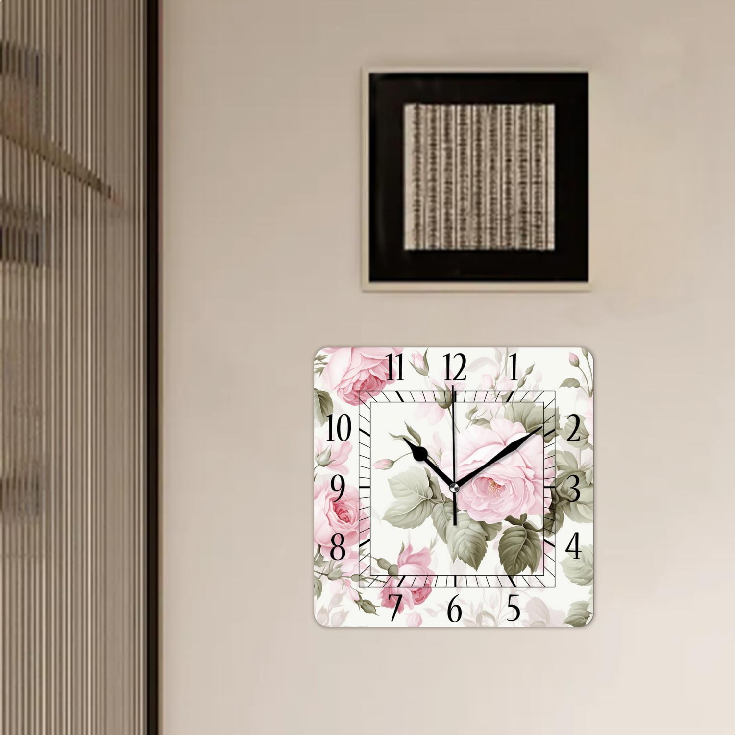 12 Inch Wall Clock Battery Operated Square Clock Decorative for Office, Kitchen, Outdoor, Living Room，Watercolor Pink Rose Flower Floral Pattern