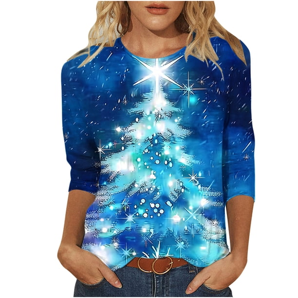 Camisetas de Manga Larga de las Mujeres Imprimir Navidad Cuello Redondo 3/4 Manga Suéter, Top Casual para las Vacaciones