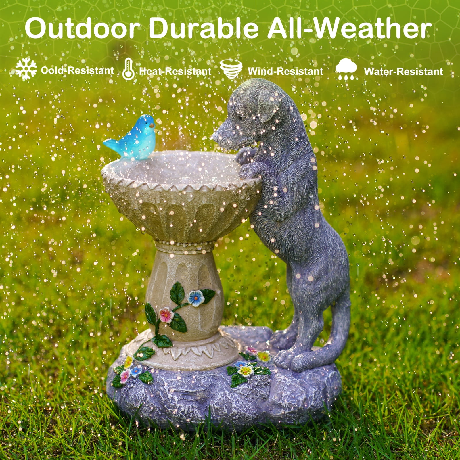Solar Dog Statues for Bird Bath - Outdoor Sculptures for Garden Yard Balcony Porch