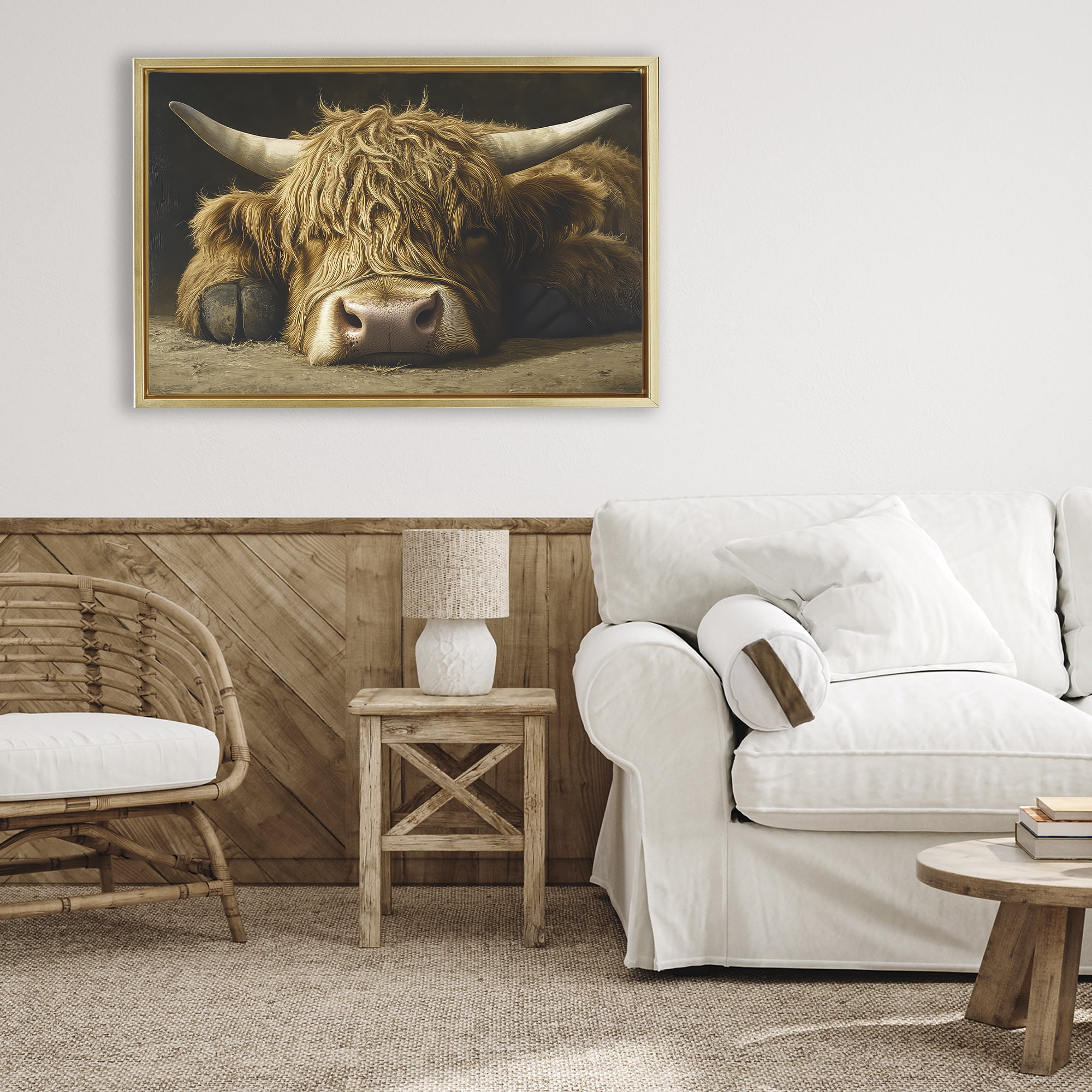 Stupell Industries Sleeping Highland Cow & Hoof Gold Framed Floater Canvas Wall Art, design by The Wands Want