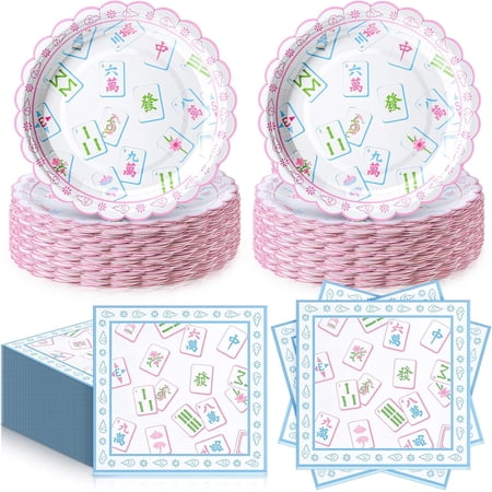 96 Pcs Mahjong Plates and Napkins for 48 Guests, Mahjong Party Supplies Cocktail Tableware Including Dessert Plates and Napkins for Bridal Showers Birthday Wedding Party