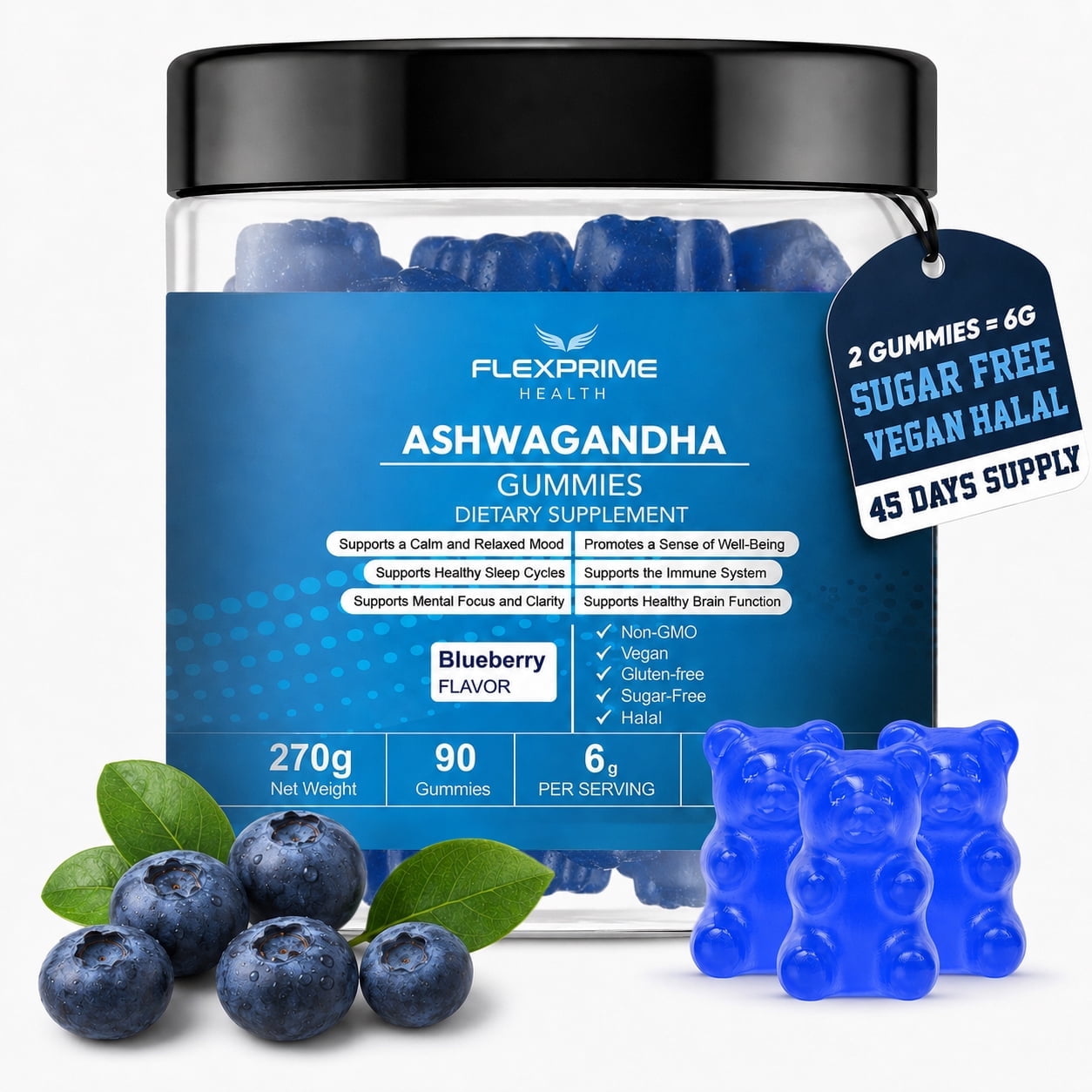 FlexPrime Ashwagandha Gummies for Women & Men - Stress Relief, Calm Mood & Focus Support | Sugar Free, Vegan, Halal Non-GMO Blueberry Ashwagandha Chews | 90 Count