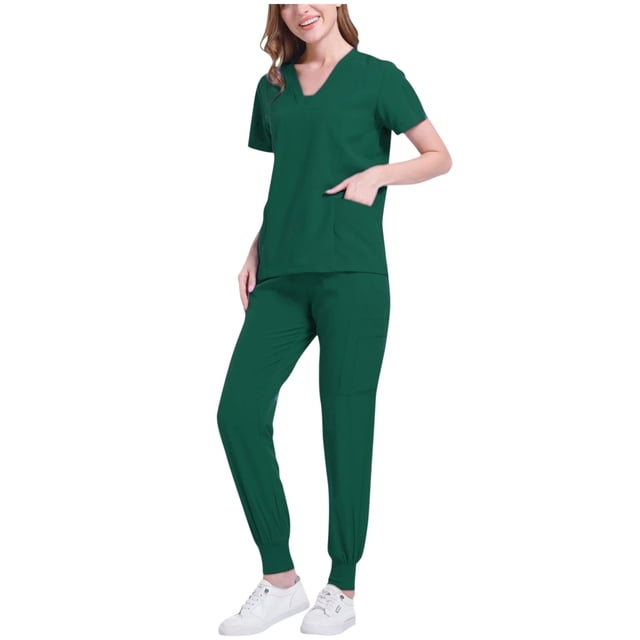 Daiosportswear Ensemble de Jogging à Manches Courtes pour Femmes, Haut Extensible à Col en V et Pantalon Jogger Fuselé, Ensemble 2 Pcs pour Femmes Vert Armée m(m)