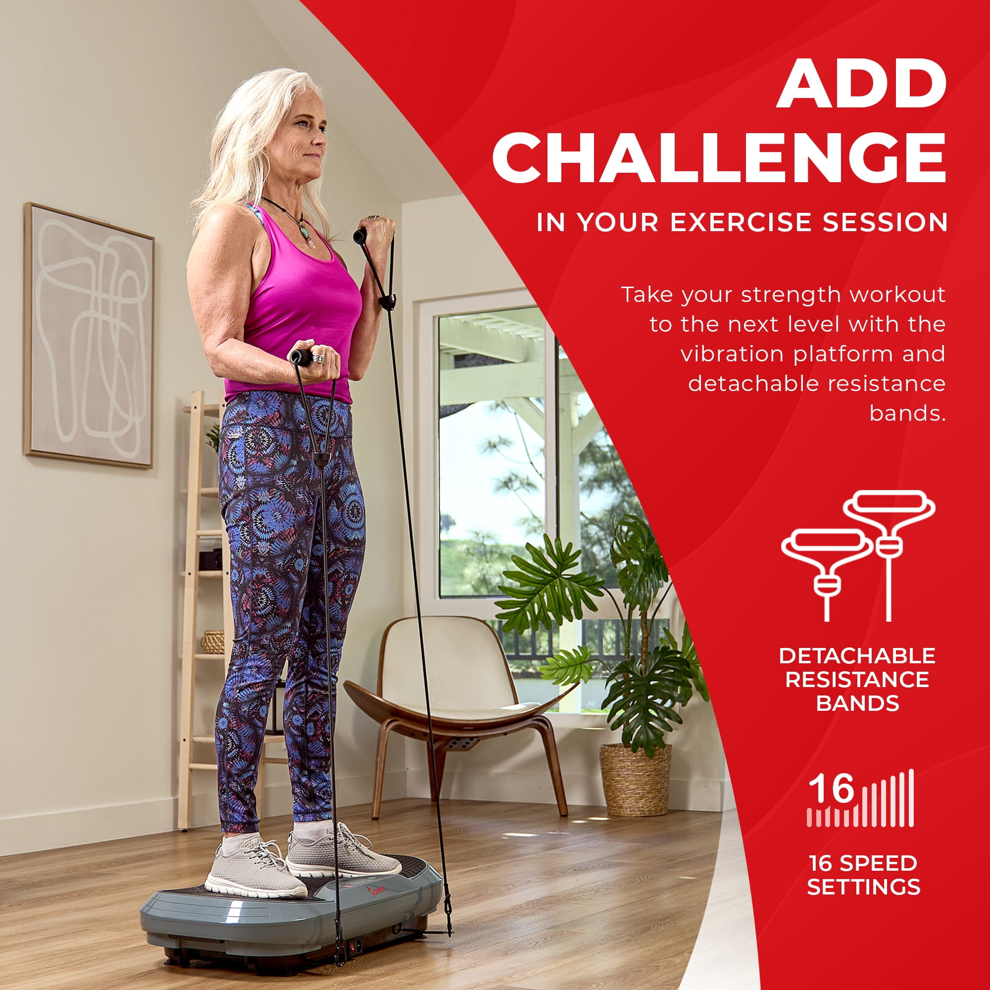 Sunny Health & Fitness 3D Vibration Plate Exercise Machine for Full-Body Toning with 16 Speed Levels, 3 Vibration Modes & Resistance Bands – SF-VP822057