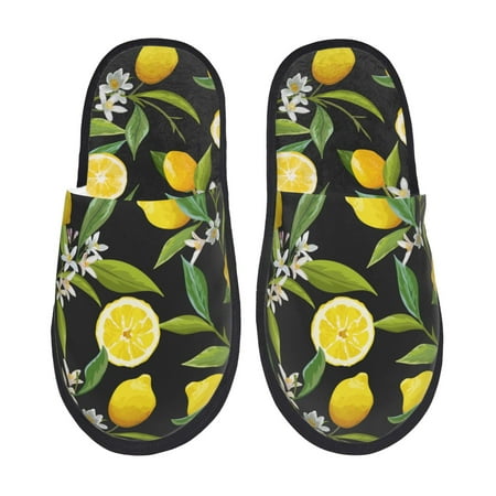 Balery Lemon Fruits Flowers Leaves Slient Indoor Furry Fleece Comfort House Shoes Soft Non-Slip Home Shoes Cotton slippers House Slippers-- Large
