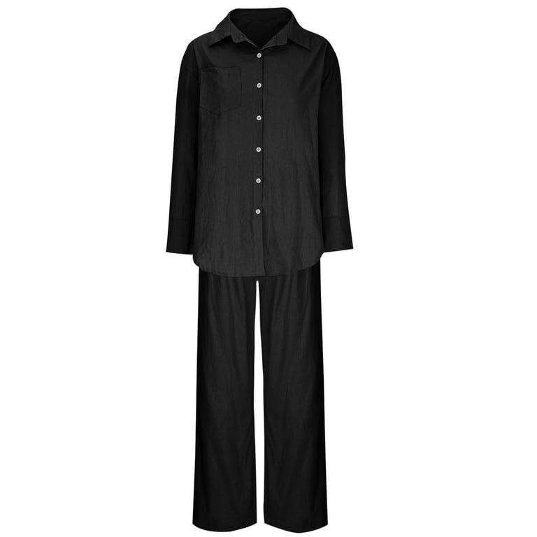 Lisingtool Pajamas for Women 2 Piece Outfits Casual Long Sleeve Loose Fit  Button Down Shirts Blouses Tops Wide Leg Long Pants Sets Pants for Women