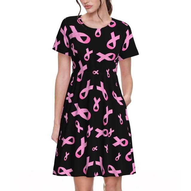Xecao Robe Midi à Manches Courtes pour Femmes Sensibilisation au Cancer du Sein Été avec Poches Robe Décontractée Fluide T-Shirt Robe de Plage