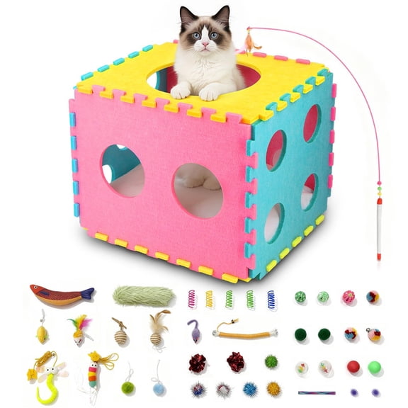 QLFYUU Cat Houses with 40 Cat Toys Cute Cat Bed Cave for Multiple Large Cats Kitten Toys 17 Inches