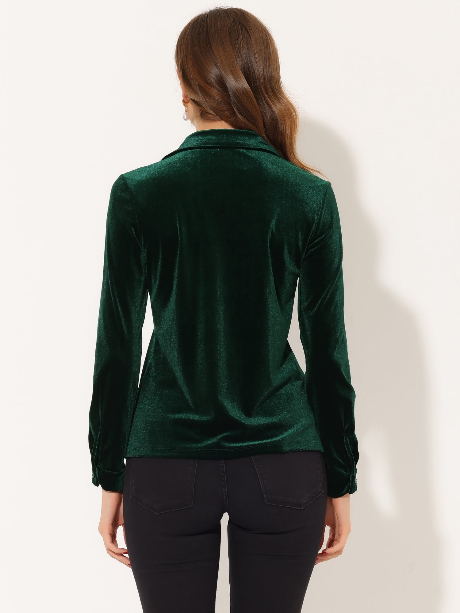 DARING DIVA Women's Retro Velvet V Neck Long Sleeve Button Down Shirt M Dark Green