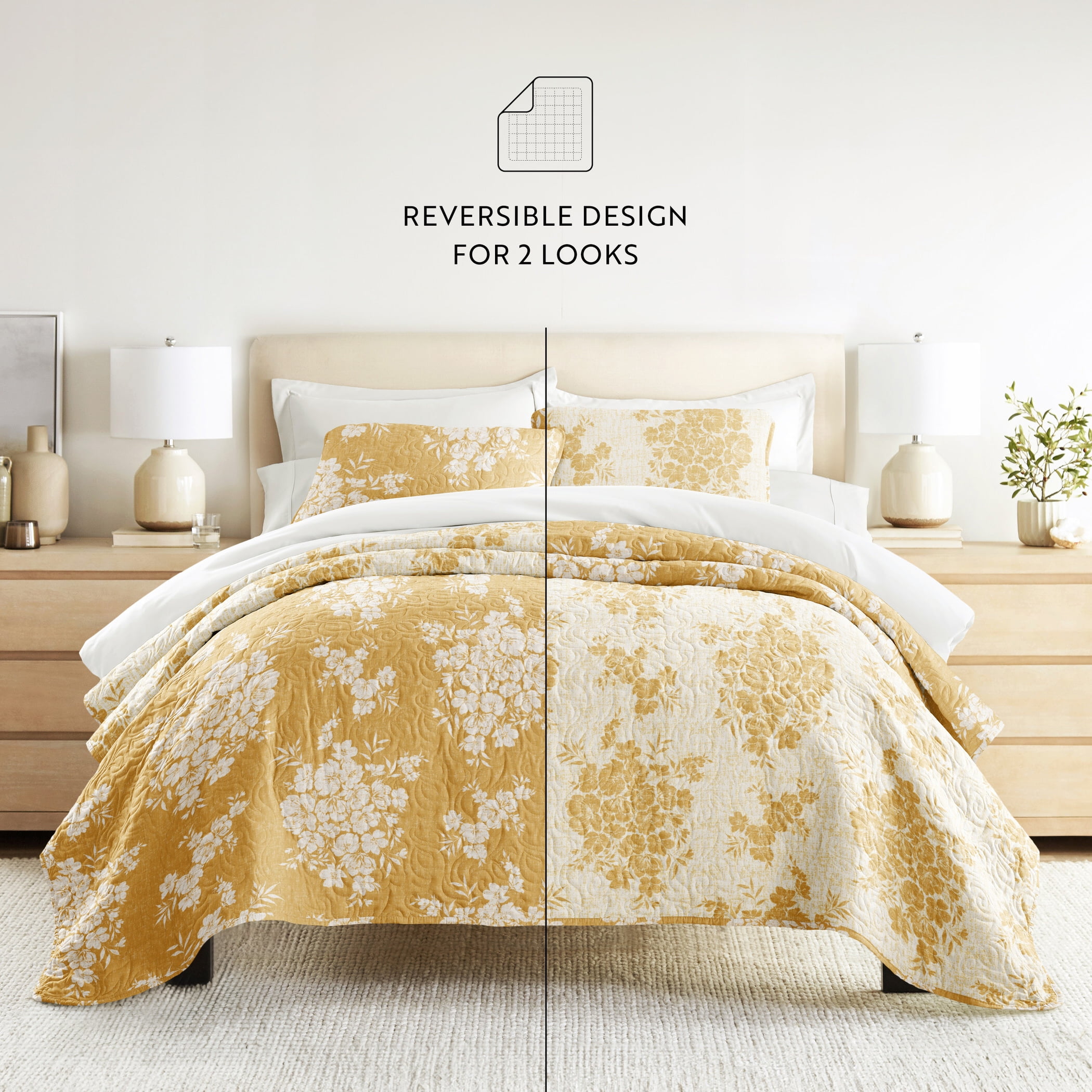 Noble Linens 3-Piece Mustard Distressed Bouquet Reversible Quilt Set, Queen