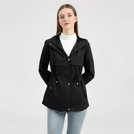 

SBYOJLPB Women s waist Women s Solid Color Rain Waterproof with Removable Hoodies Casual Lightweight Windbreaker Outdoor Walking Coat Black 6(M)