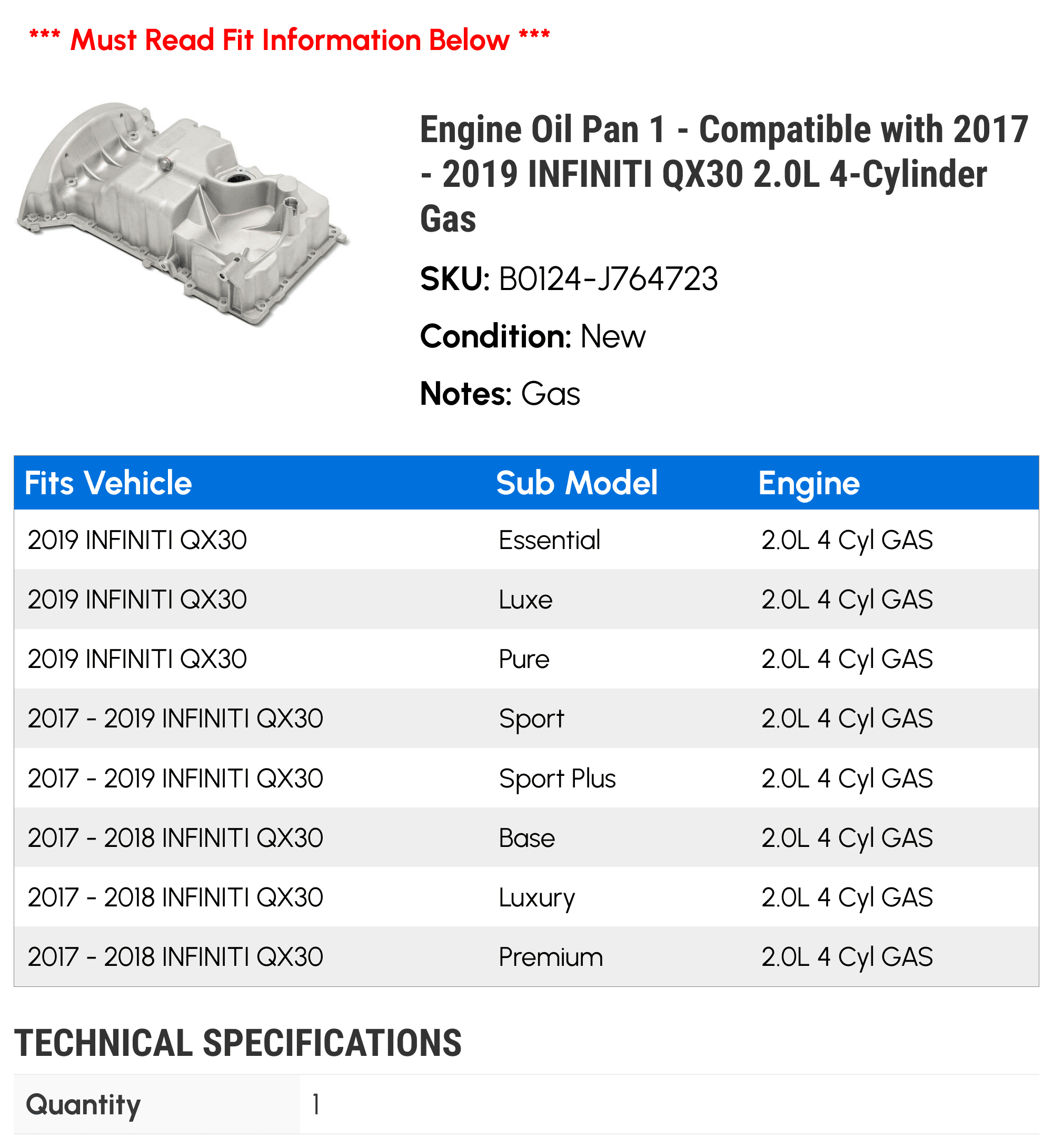 Engine Oil Pan 1 - Compatible with 2017 - 2019 INFINITI QX30 2.0L 4-Cylinder Gas - Autopart Premium