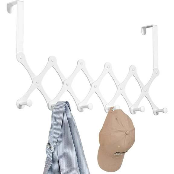 MetalM - Expands Over The Door Hook Rack, Heavy Duty No Drill Hooks for Bathroom, Bedroom, Kitchen, Closet - Over The Door Hanger for Towels, Robes, Bags, Coats(White)