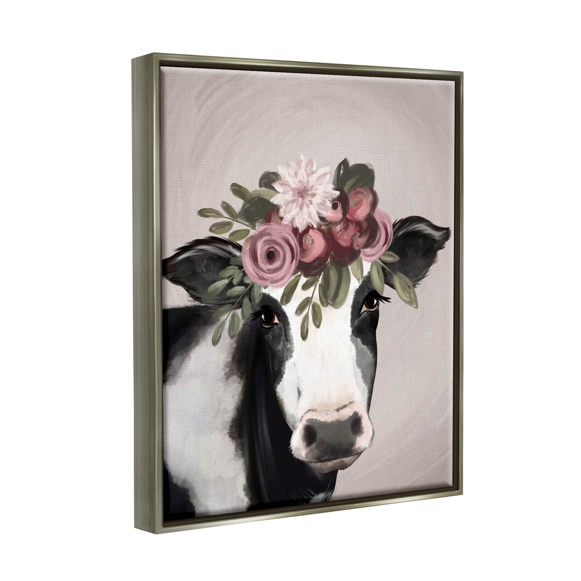 Floral Farm Cow Pink Blooms Animals & Insects Graphic Art Luster Gray Framed Art Print Wall Art