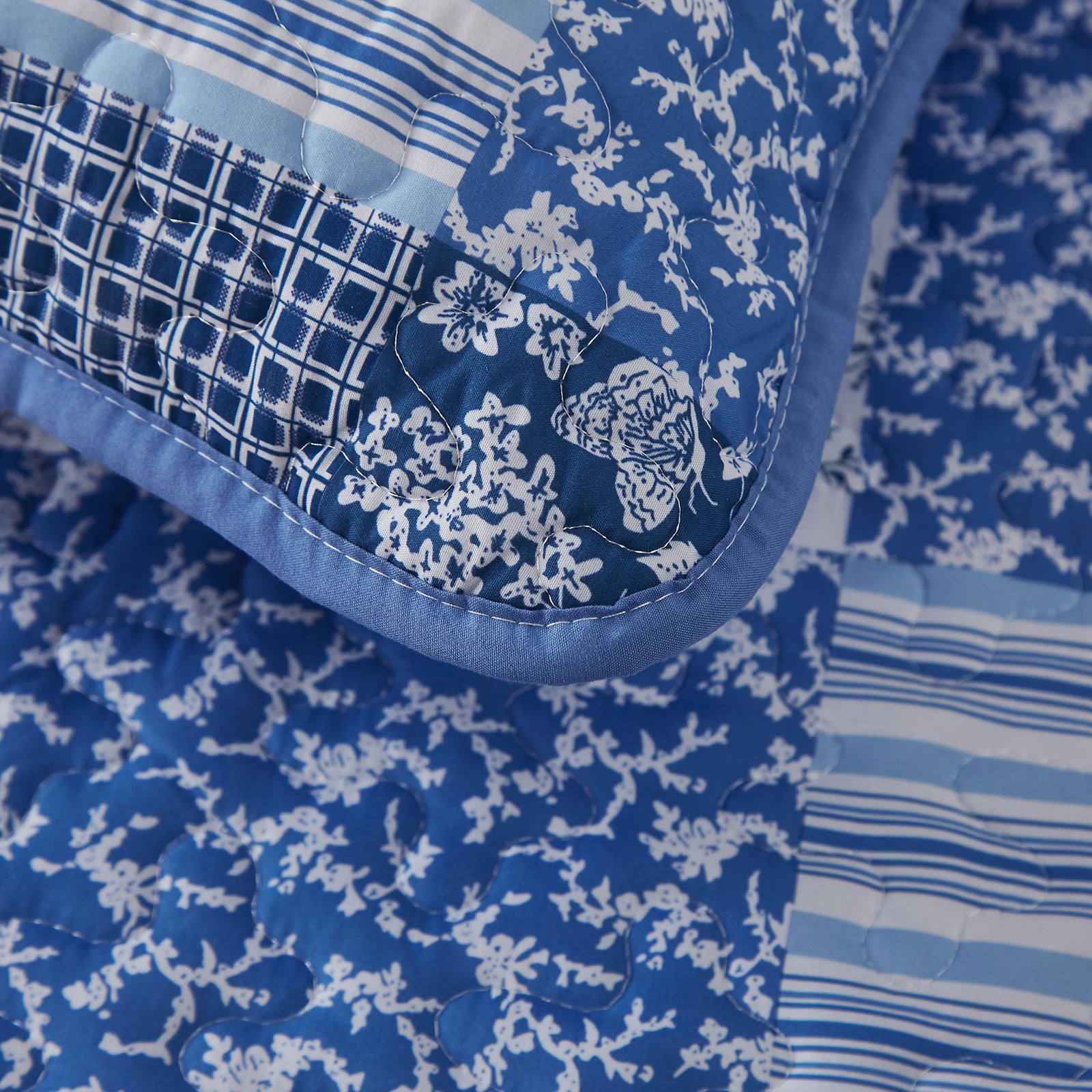 Dintszyayue Grid Patchwork Quilt Set Queen Size,3Pcs Blue Bedding Set Lightweight Adult(90"x 96")