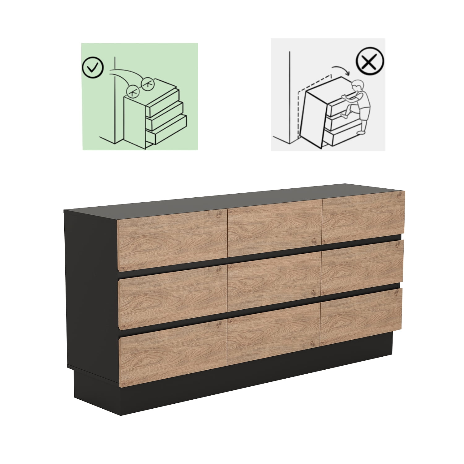 Modern 9 Drawer Dresser 63 Inch Wide Legless Chest of Drawers for Bedroom Living Room or Hallway Oak and Black