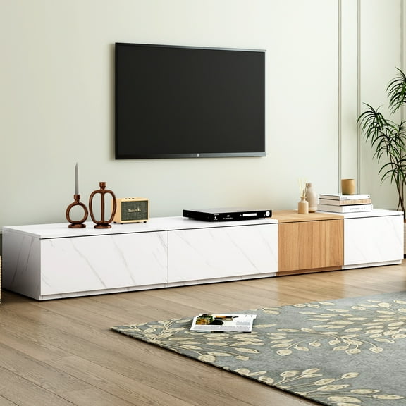 Stylish Tv Stand With Faux Marble Top & Walnut Grain, 4 Drawer Storage For 88" Tvs, Living Room Entertainment Center In White Contemporary And Walnut, Tvs