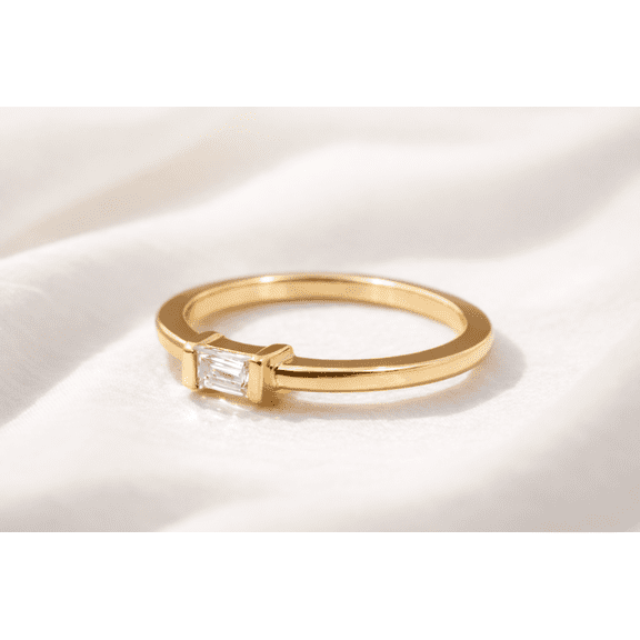 Jewelerix Baguette Cut Moissanite Solitaire Ring, Minimalist Yellow Gold Band, Dainty Engagement Ring, Wedding Promise Ring