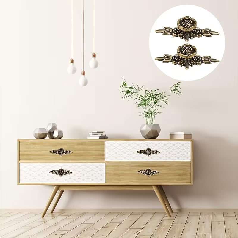 2pcs Vintage Brass Rose Flower Drawer Handles - Ornate Zinc Alloy Cabinet Knobs for Wardrobe, Dresser, and Cabinets - Easy Installation with Included Hardware