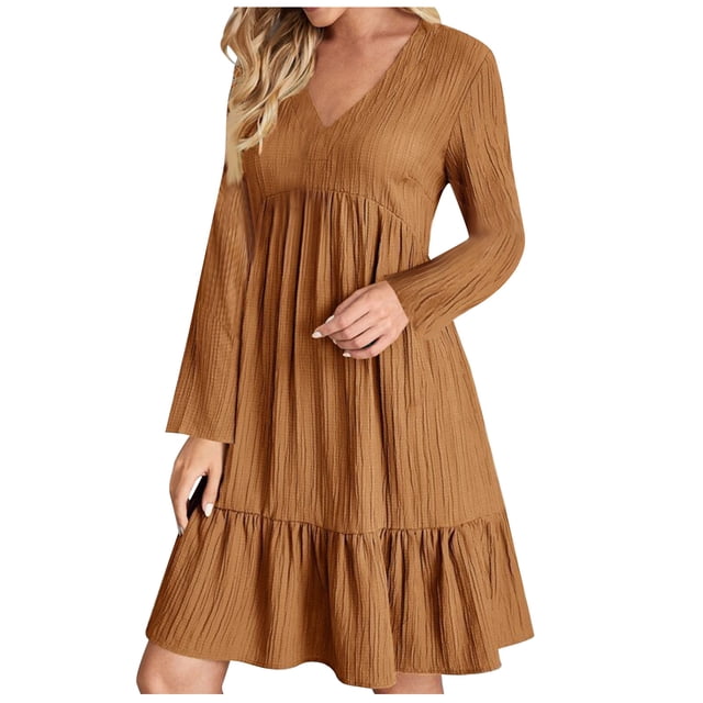 QUYUON Robes Grande Taille pour Invitée de Mariage Liquidation Été Manches Longues Col en V Ample Décontractée Taille Haute Robe en Dentelle Robes pour Femmes pour Invitée de Mariage Robe Midi Ornée Style D-14897 Brun TG