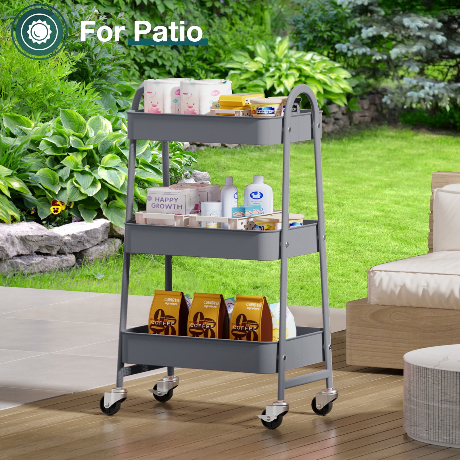 ZUNMOS 3 Tier Rolling Cart, Metal Utility Storage Cart with Lockable Wheels for Livingroom, Bathroom, Kitchen & Narrow Spaces,Gray