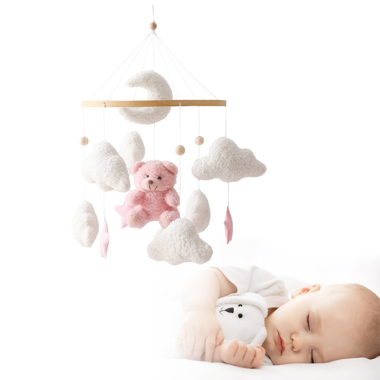 Eqslft Baby Crib Mobile with Plush Bunny/Bear, Moon & Clouds Nursery Hanging Decor, Soft Felt Mobile for Newborns, Gentle Visual Stimulation for Baby Sleep