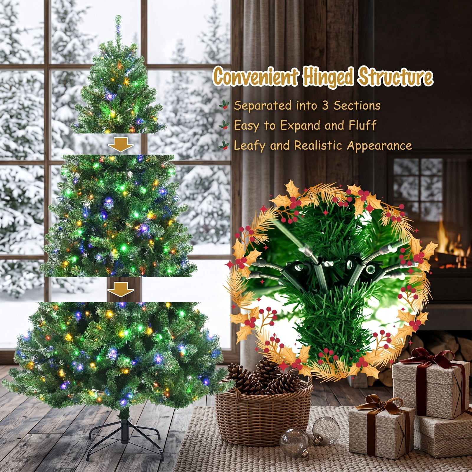 RUIE 7FT Artificial Pre-Lit Hinged Christmas Tree with 500 Remote-Controlled Color-Changing LED Lights, 1181 Tips Full Holiday Xmas Tree with Metal Stand, Green