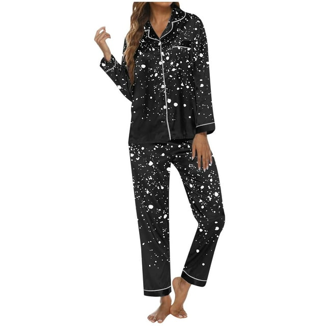WENXIAOO Women Christmas Pajamas Set Satin Pajama Set Long Sleeve Button Down Pjs Set Christmas Womens Pjs