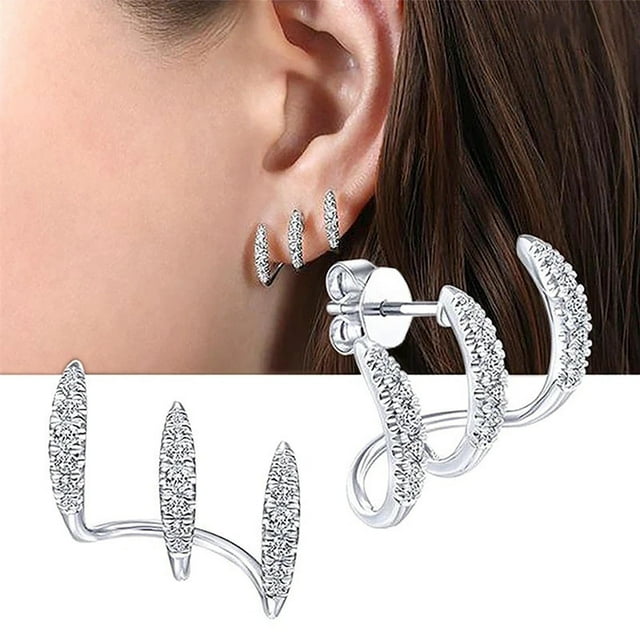 Fiudx Pendientes Curvos, Elegante Diseño de Tres Capas, Impresionante Incrustación de Circonitas, Cómodos para Usar Todo El Día, Perfectos para Regalar, Accesorio de Moda para Mujeres de Todas Las Ed