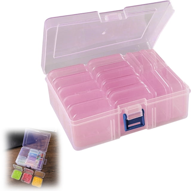 14-Compartment Storage Box, Red, Small Bead Organizers Plastic Storage Cases Bead Storage Containers Transparent with Hinged Lid and Rectangle Craft Supply Case