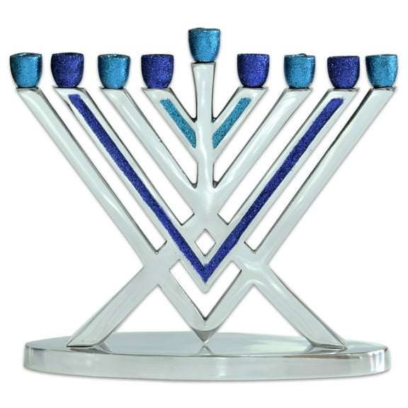 Ner Mitzvah, 9" Standard Size, Aluminum Squared Hannukah Candle Menorah - Blue And Silver Glitter