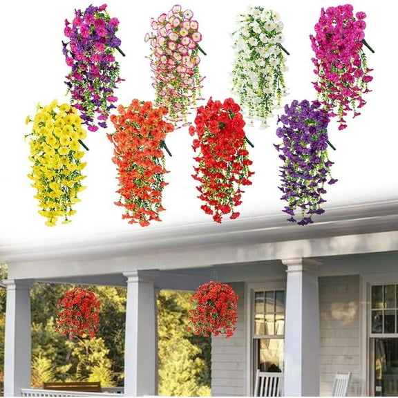 2 Pack Artificial Morning Glory Flowers, UV Resistant Hanging Artificial Morning Glory Vine, Silk Fake Plants Hanging Basket for Spring Outdoor Wedding Yard Garden Decor, Yellow