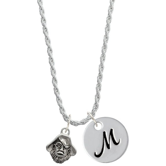 Delight Jewelry Silvertone Small Pirate - Mascot Silvertone Script Initial Disc - M - Charm Necklace, 20"+3"