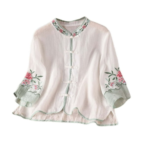Fgnfyis Women's Casual Short Sleeve Embroidered T Shirt with Mandarin Collar Summer Round Neck Blouse for Daily Wear Womens T Shirts White XXXXL