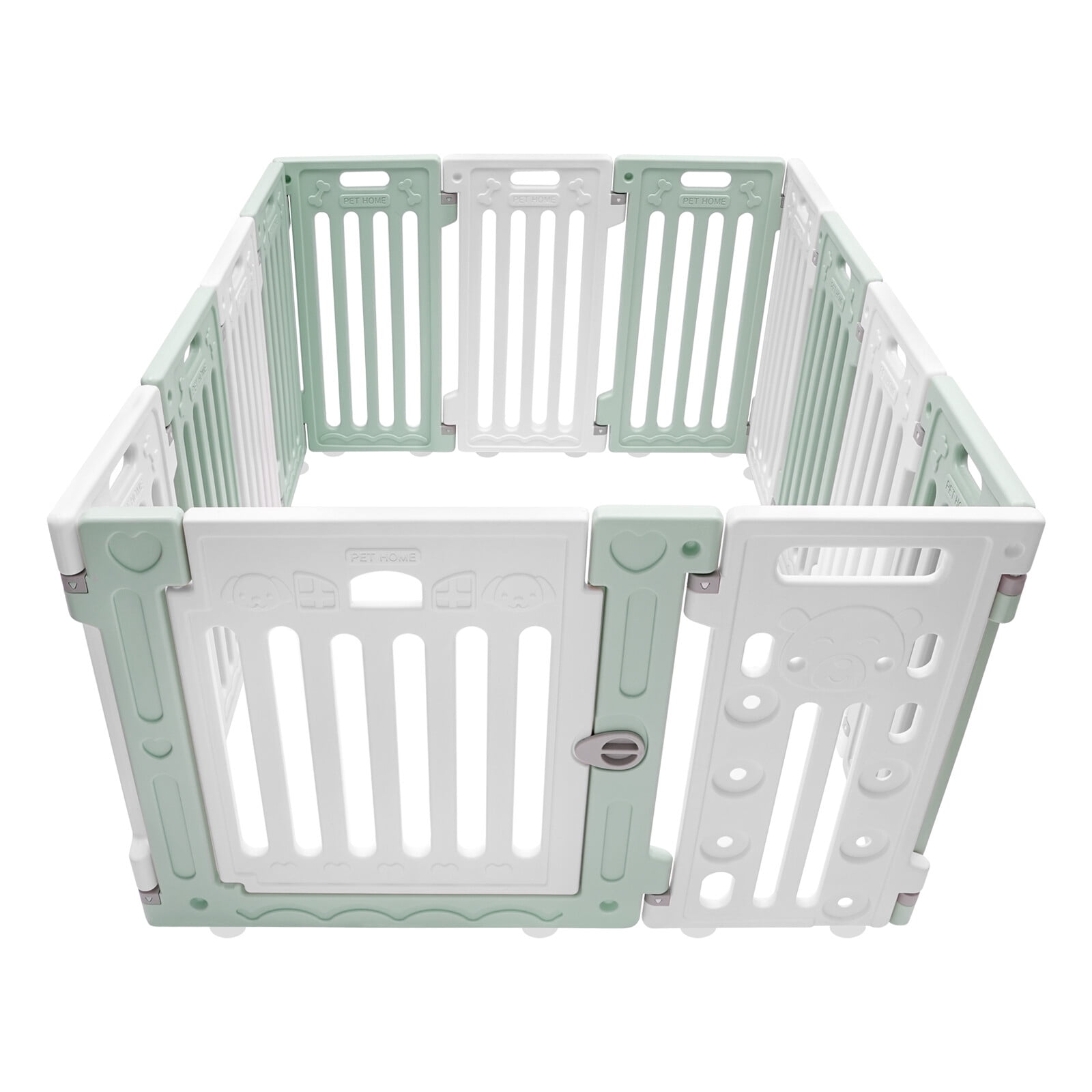 11 Panels Pet Barrier, Dog Playpen with Door, HDPE, Pet Safety Fence for Indoor, Green and White