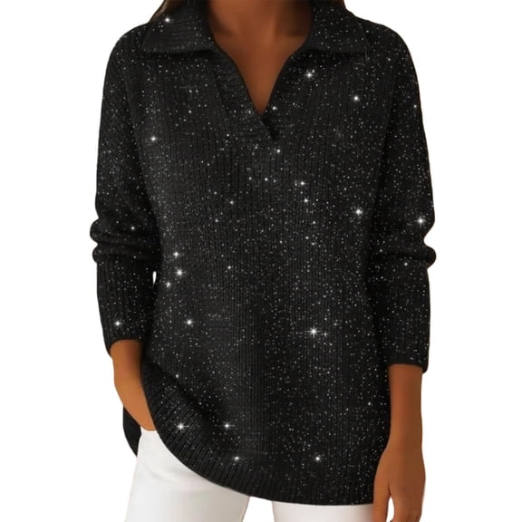 WTXUE Women's Sequin Polo Neck Knit Sweaters Sparkle Casual Long Sleeve Blouses Shimmer Glitter Sweatshirt Party Loose Fit Shirts Tunic Tops Trendy Basic Pullover Sweaters Black L