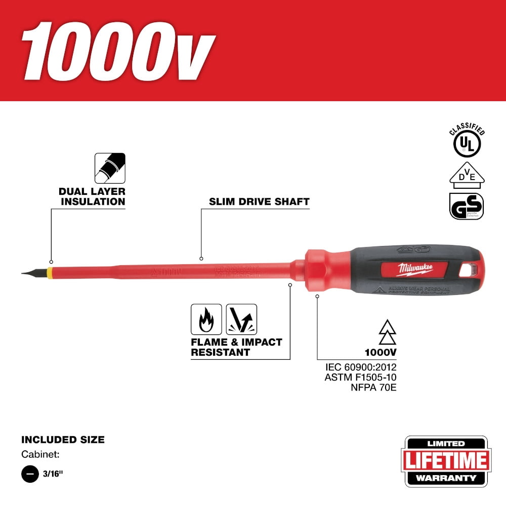 Milwaukee Tool 3/16" CABINET - 6" 1000V INSULATED SCREWDRIVER