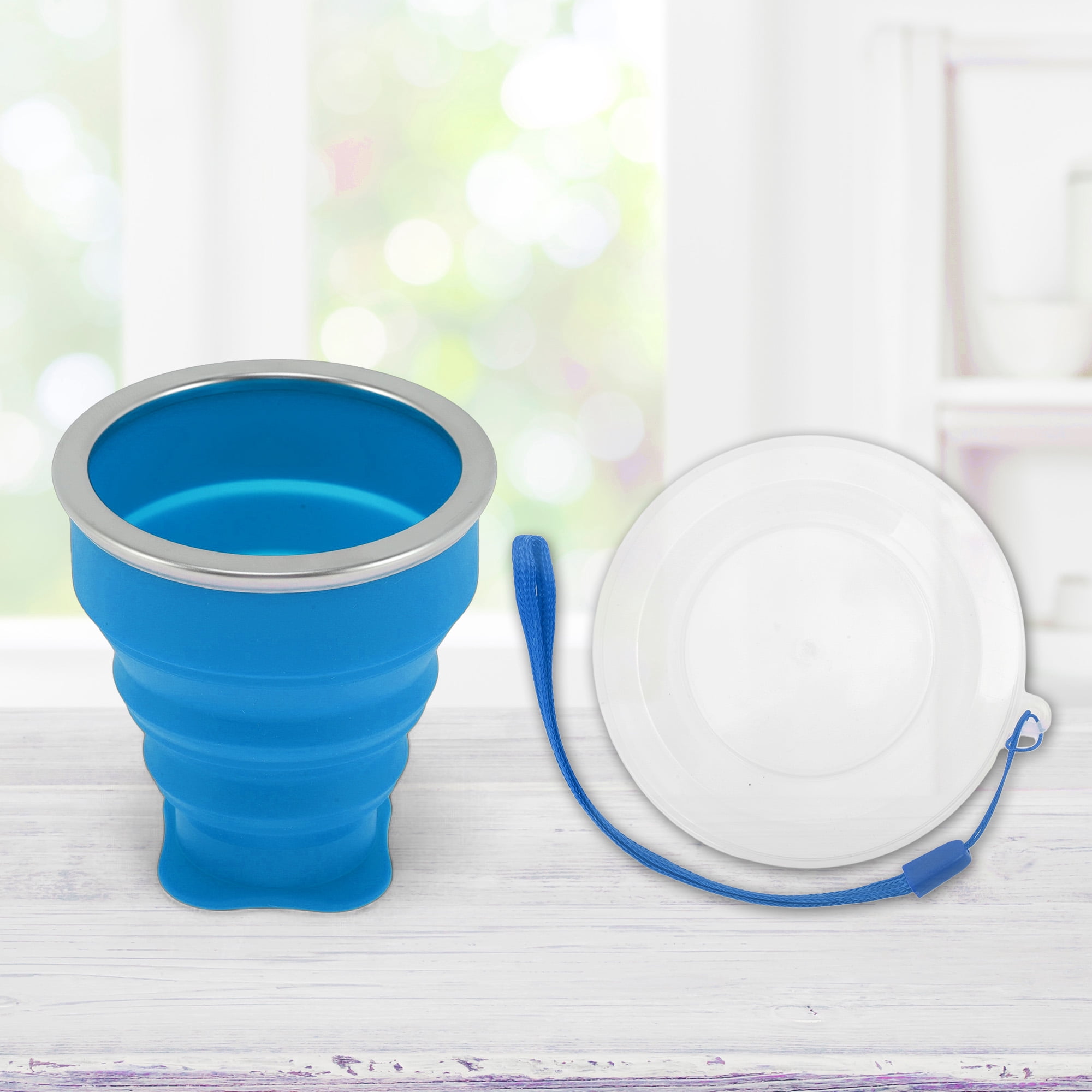 Unique Bargains Folding Cup with Wrist Strap Collapsible Cups 200ml 1 Pc Blue