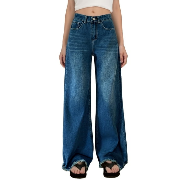 WTOBBY Women's Relaxed Fit Boyfriend Jeans, High Waist Wide Leg Stretch Denim Pants with Elastic Waistband and Functional Pockets, Comfortable Loose Trousers for Daily Use,Blue L