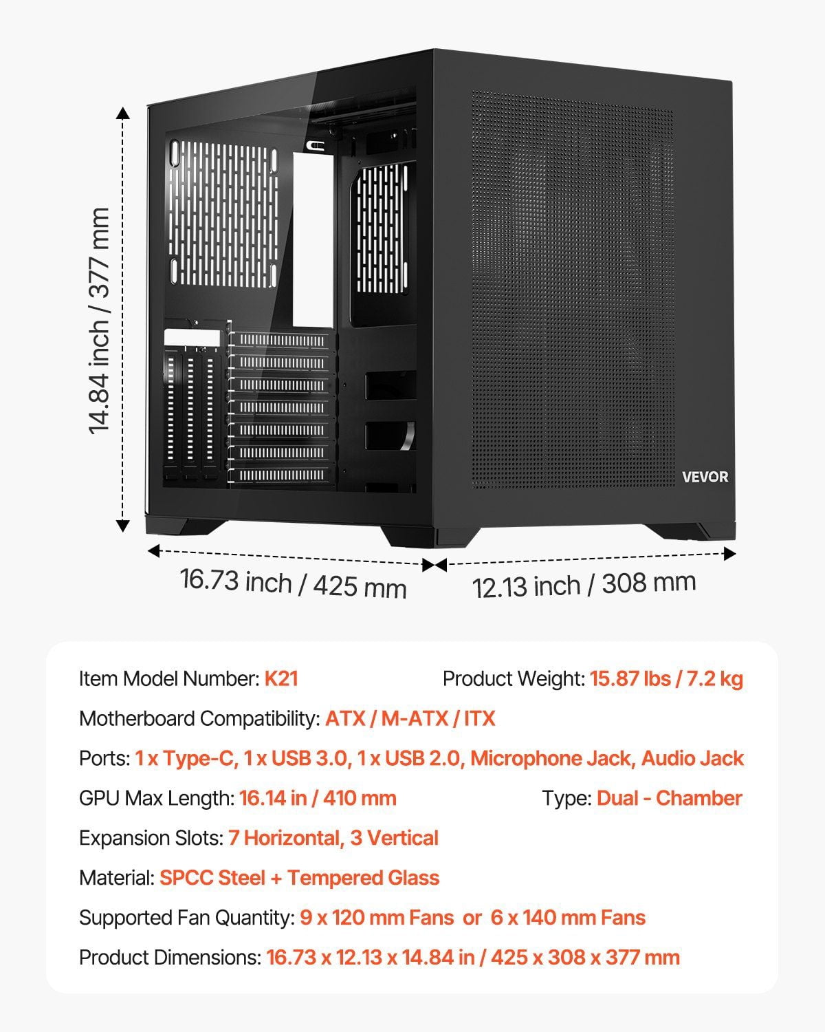 ATX Mid-Tower Dual Chamber PC Case - Gaming Computer Case with Tempered Glass, No Fan Included