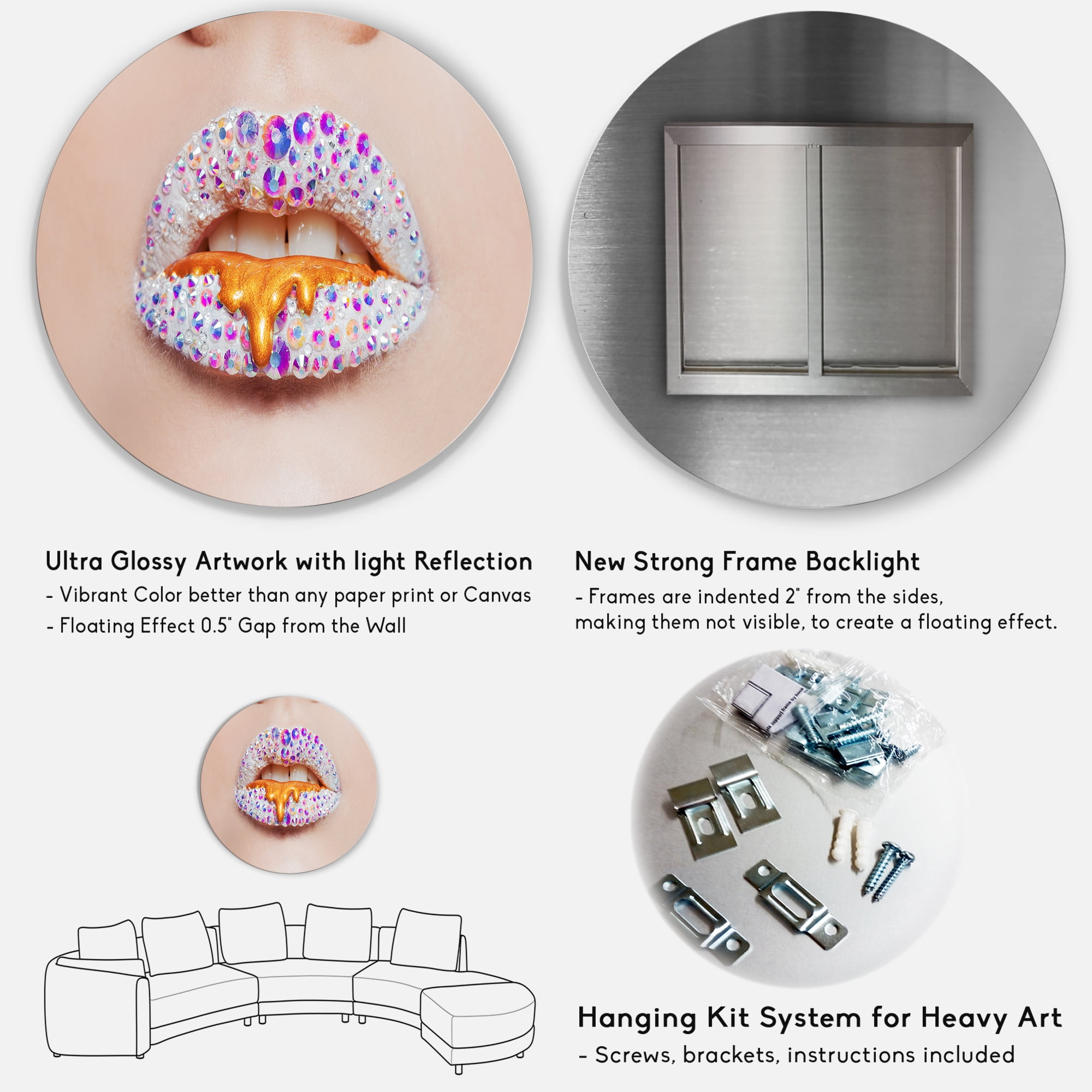 Designart 'Shining Woman Lips Covered With Rhinestones and Smudges' Modern Circle Metal Wall Art 23x23 - Disc of 23