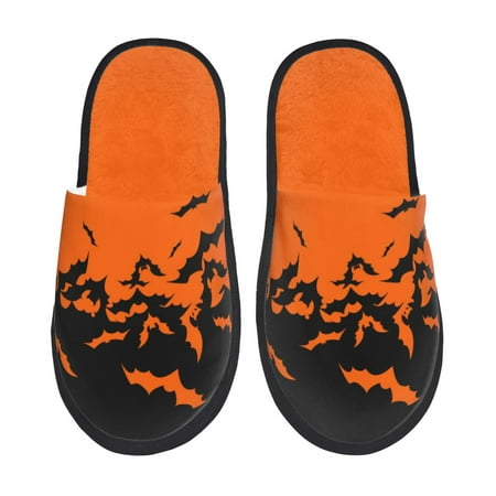 Balery Halloween With Black Bats Slient Indoor Furry Fleece Comfort House Shoes Soft Non-Slip Home Shoes Cotton slippers House Slippers-- Medium