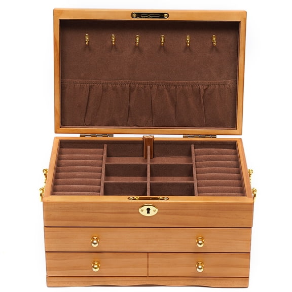Miumaeov Large Capacity Wooden Jewelry Box 3 Layers Retro Storage Organizer Display Case W/ Safe Lock