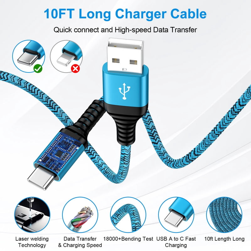 2.1A Dual-Port Fast Wall Charger Block, Phone Charger with 2Pcs 10FT Cables, Power Adapter Compatible with iPhone 17/16/15 Pro Max iPad Pro Galaxy S26 Android,Blue