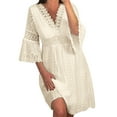thumbnail image 1 of Kcodviy Robe Femme Couleur Unie 3/4 Commodes Femme Manches Robe Col en V Mignonne Robes de Cocktail pour Femmes Dentelle Ajourée Manches Évasées Robe de Plage Femme, 1 of 7