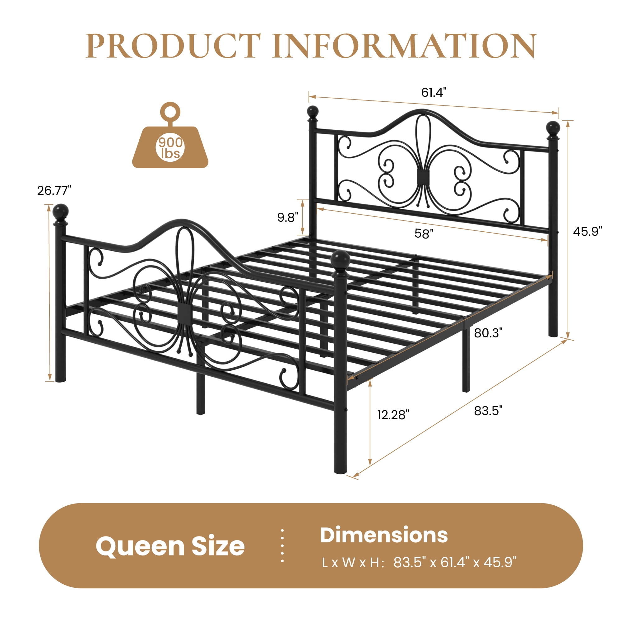 Sha Cerlin Queen Size Metal Platform Bed Frame with Victorian Vintage Butterfly Headboard&Footboard, Black