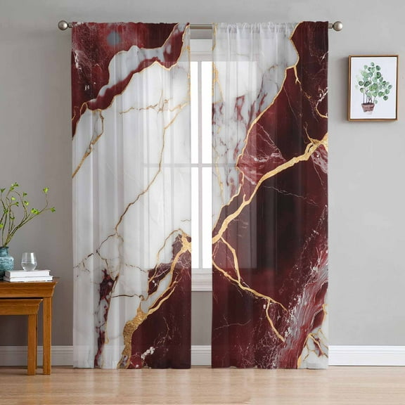 Marble Red Sheer Curtains 63 Inch Length 2 Panels Set for Living Room/Bedroom, Modern Abstract Gold White Brick Stone Motif Curtain Sheers Drapes Rod Pocket Curtains Window Treatment Set 52''x63''x2