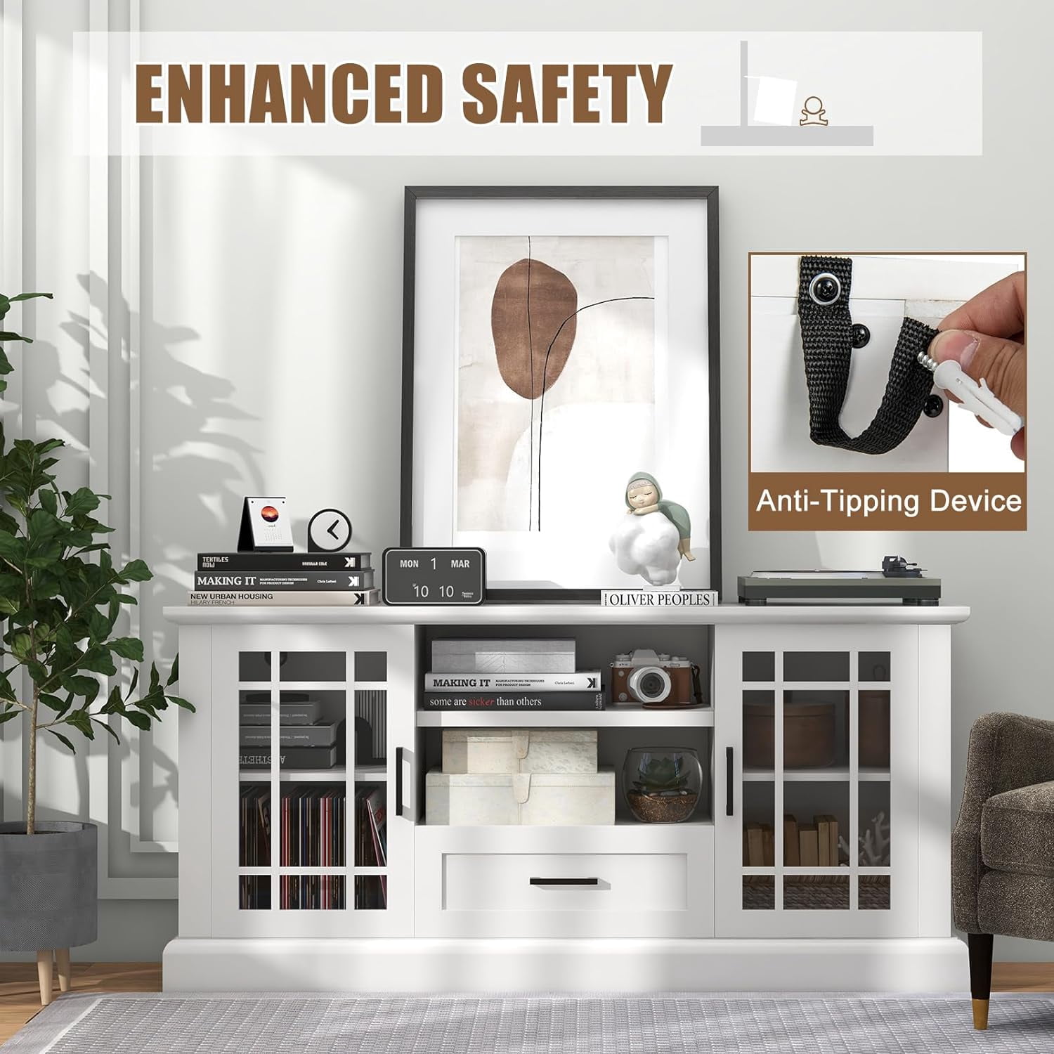 70" TV Stand, Farmhouse Wood TV Cabinet Entertainment Center, Glass Doors Cubbies and Drawer, White