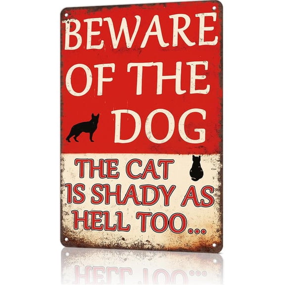 Beware of the Dog and Shady Cat Metal Sign - 8x12inch Aluminum Humorous Pet Warning Sign